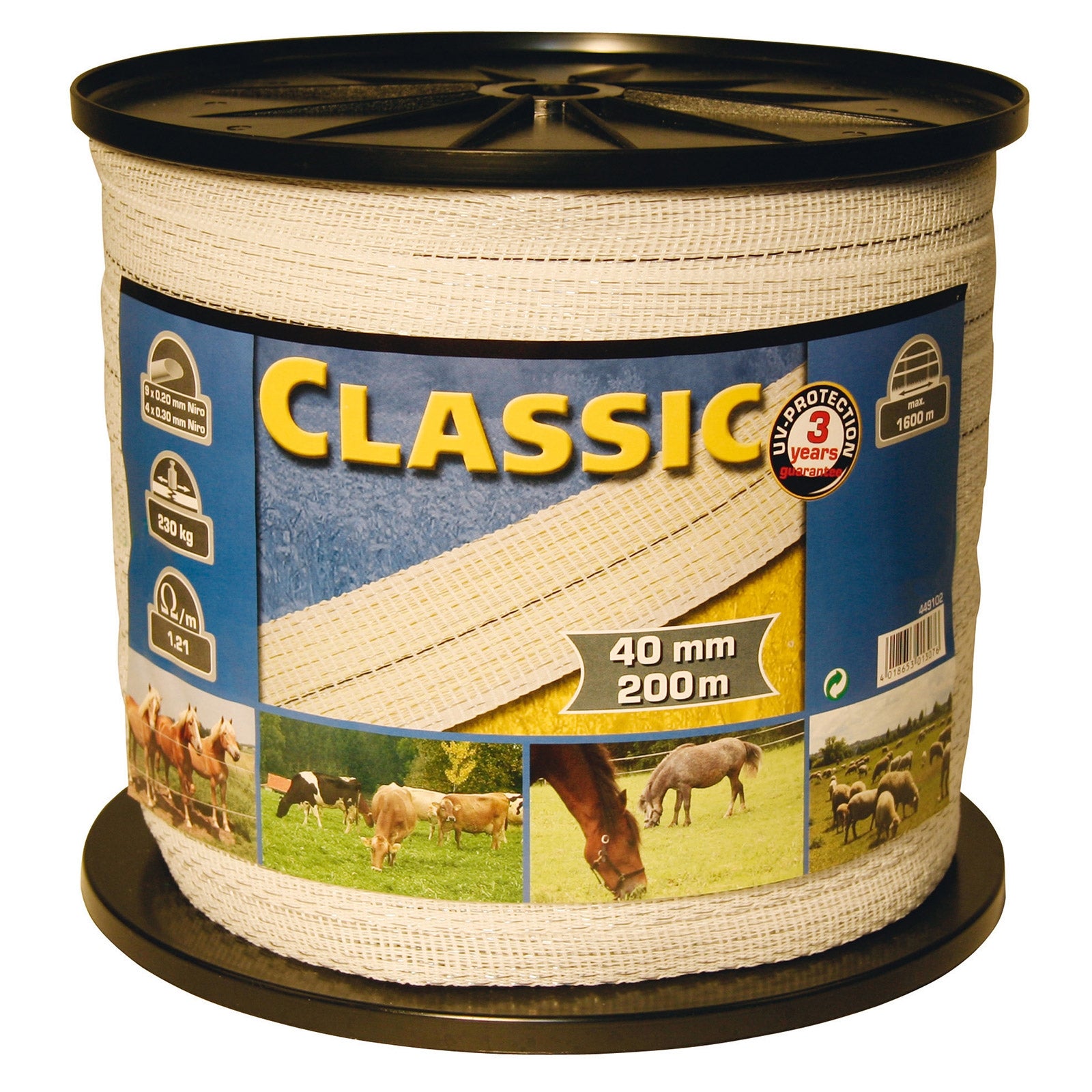 Kerbl Cinta de esgrima Classic 200 m, 40 mm, 9x0,2+4x0,3 niro Suministros de Cercas