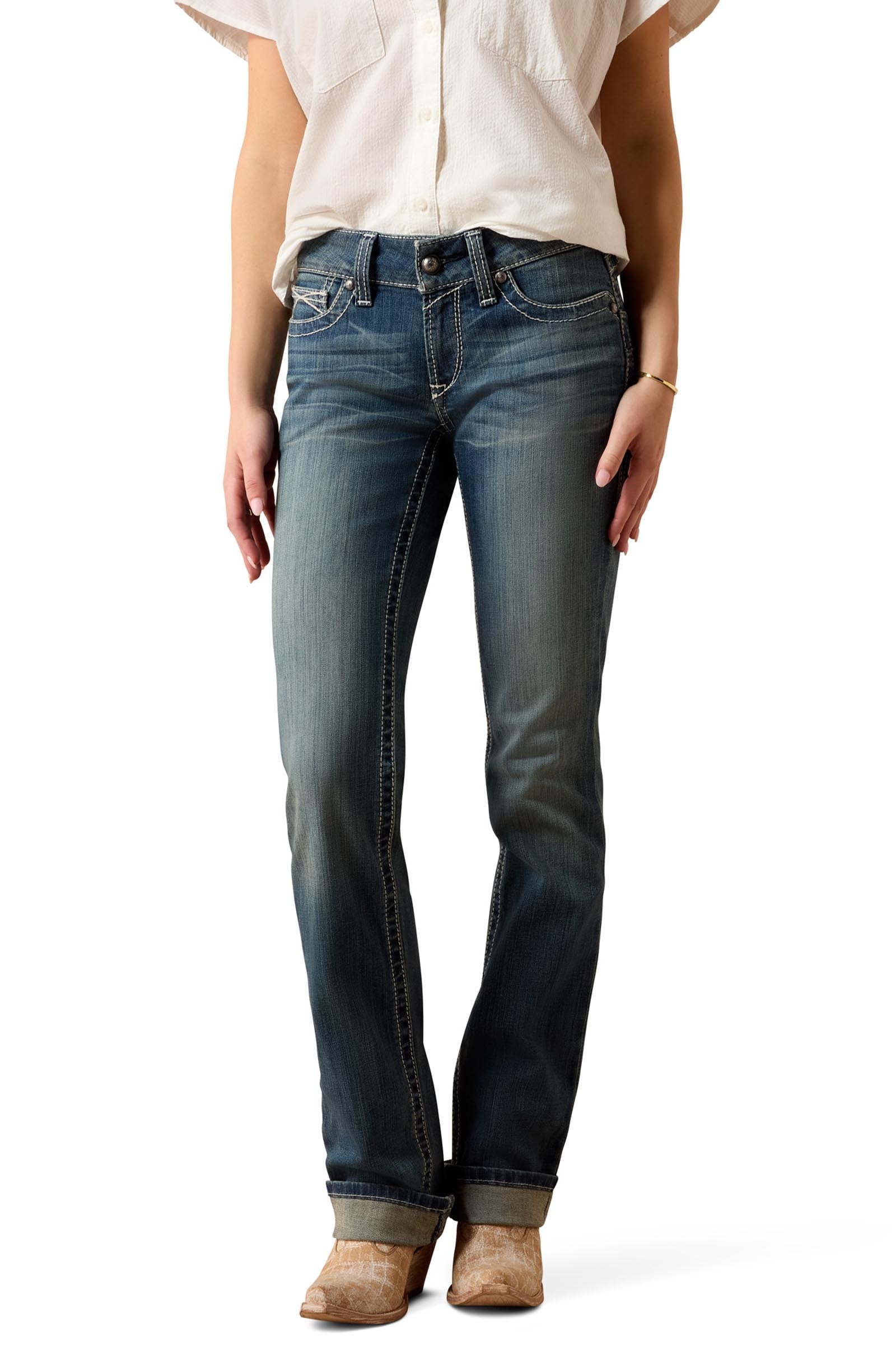 Ariat R.E.A.L. Mid Rise Stretch Icon Stackable Straight Leg Vaqueros elásticos rectos para mujer de tiro medio Womens Breeches