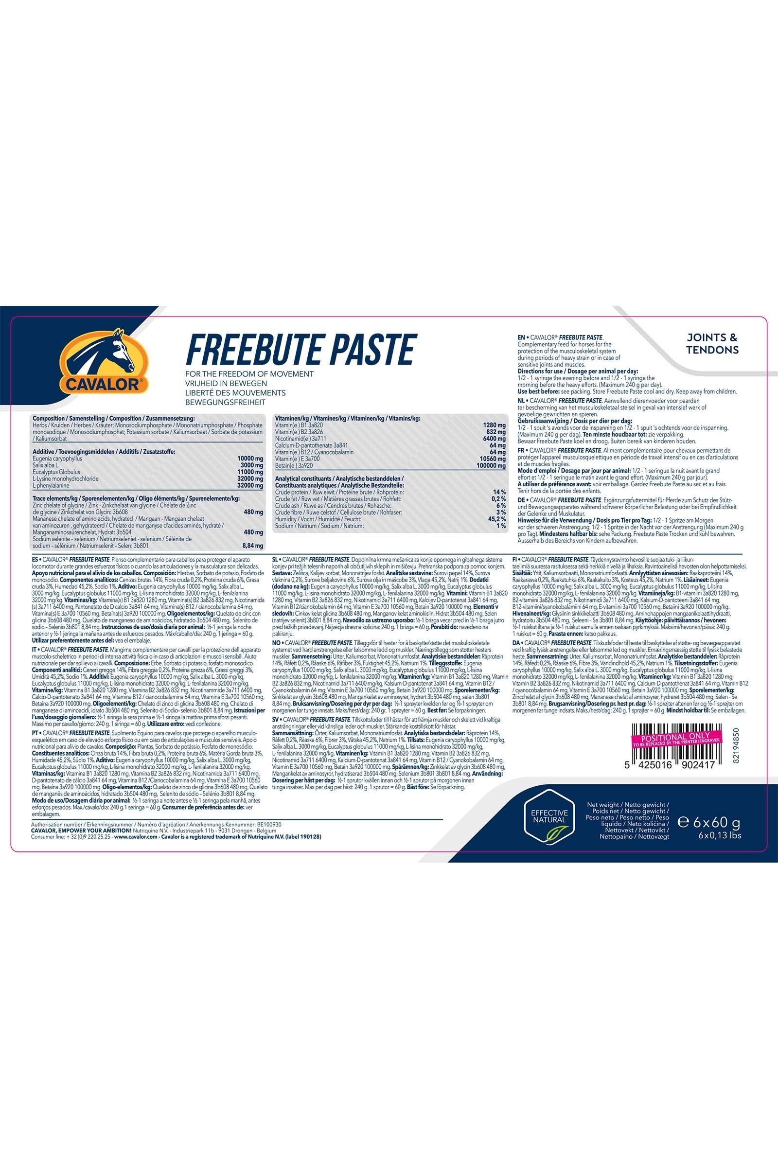 Cavalor Freebute Paste, Joints & Tendons, 6x60g Horse Feed & Nutrition